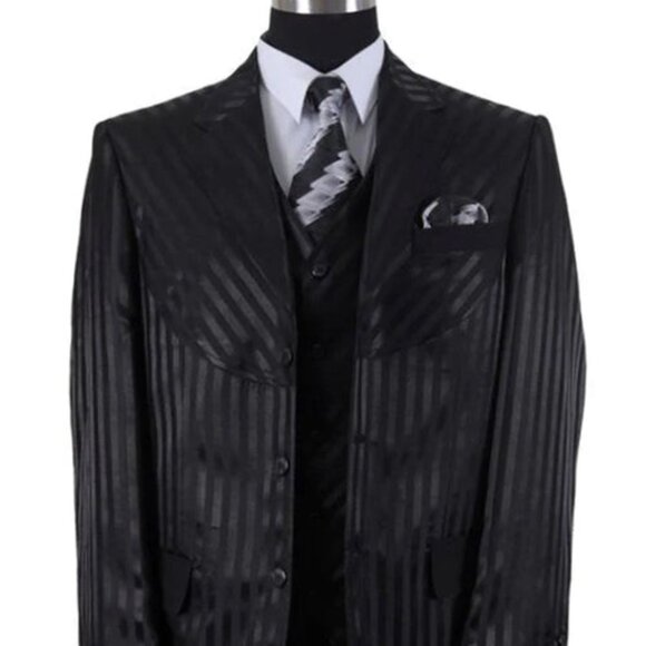 Mens 4 buttons Semi Wide Leg Shiny Tonal Stripe Single Breasted Fashion Suit in Navy Blue main image 1